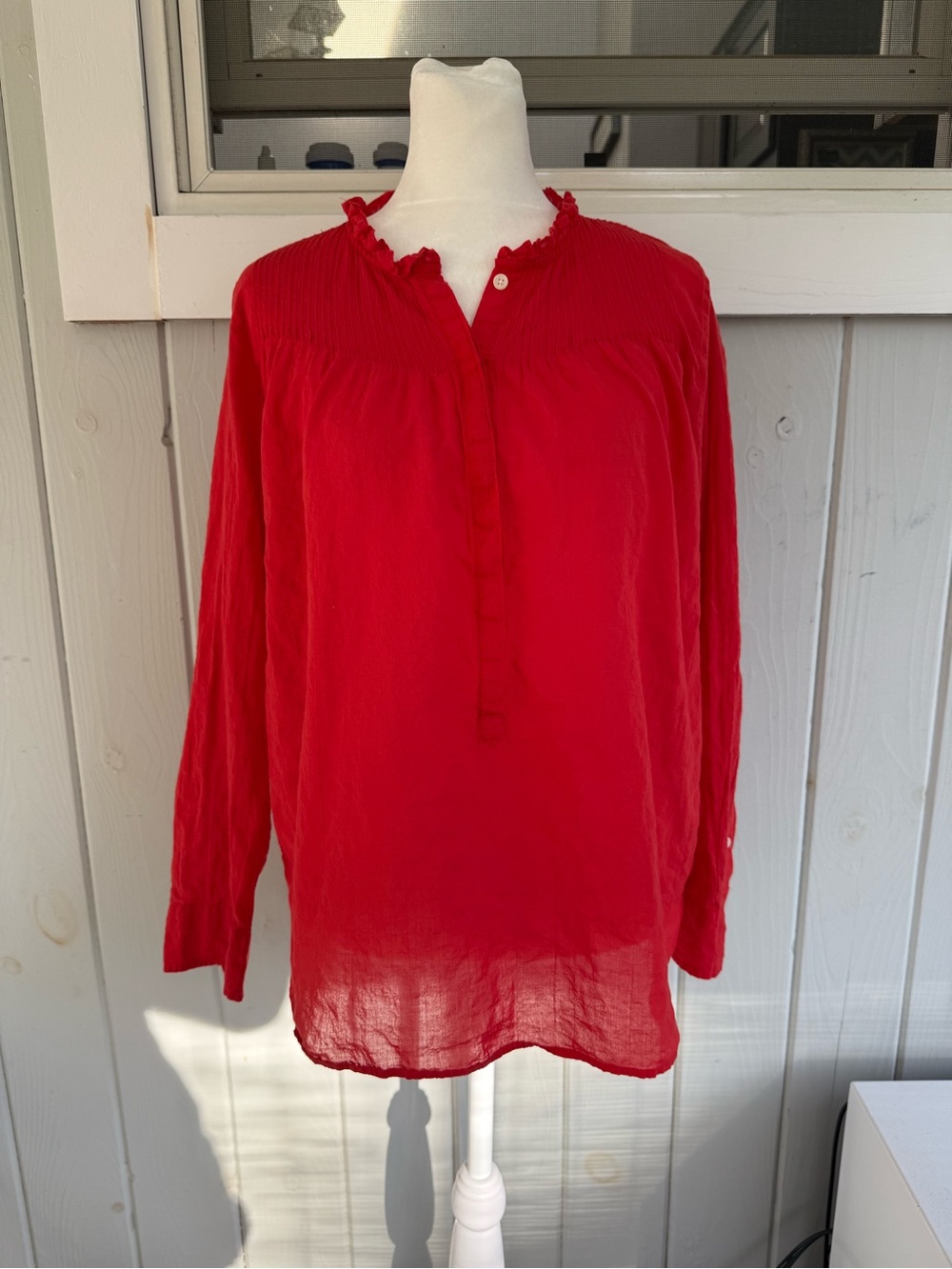 J. Crew Red Long-Sleeve Ruffle-Yoke Tunic